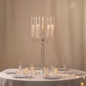 Crystal 4-Arm Candelabra Taper Candle Holder with Hurricane Glass Shades – Table Centerpiece with Pedestal Base & Hanging Crystal Accents - 38" Tall